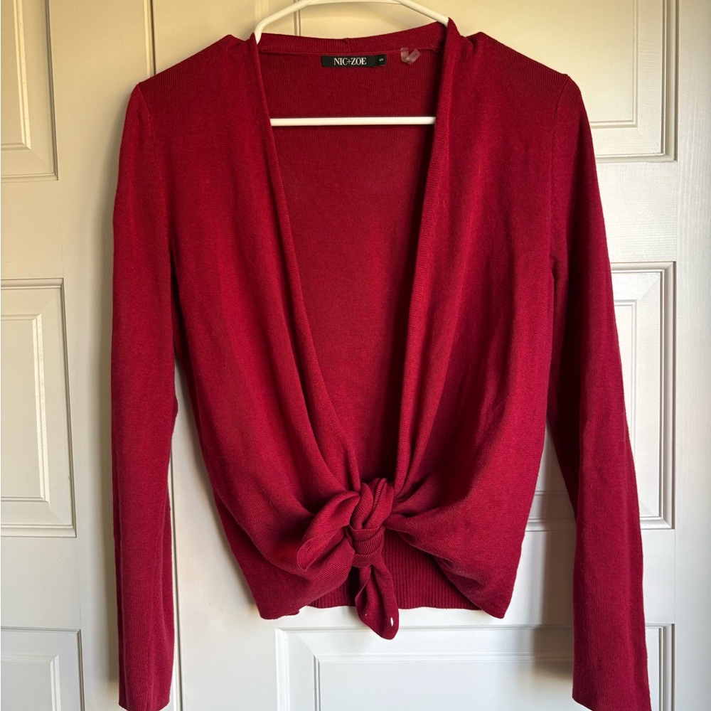 NIC+ZOE Crimson Knot-Front Open Cardigan